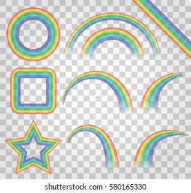 Color rainbow isolated on a transparent background. Set of the gradient light rays, different shapes. Realistic vector illustration. Lucky symbol.