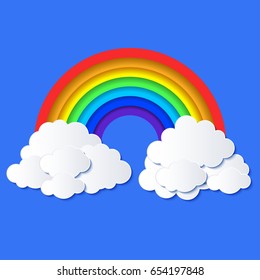 Color rainbow and white paper clouds with shadows, weather background,  vector illustration