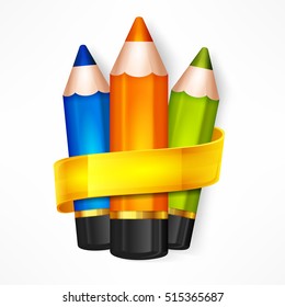 Color rainbow wooden pencils and ribbon. Set of pencil for school office. Colored crayons concept. Vector illustration