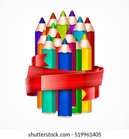 Color rainbow wooden pencils and ribbon, set of pencil for school and office, colored crayons concept, vector illustration