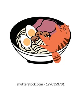 Color ramen in doodle style. Hand-drawn cute cat in bowl of Chinese egg noodles. Kawaii Illustration of Asian cuisine. Vector clipart isolated on a white background. 