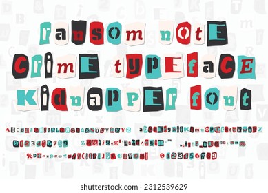 Color ransom collage style letters numbers and punctuation marks cut from newspapers and magazines. Vintage ABC collection. Red, white, black and azure punk alphabet Typography vector illustration.