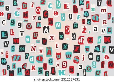 Color ransom collage style letters numbers and punctuation marks cut from newspapers and magazines background. Vintage ABC collection. Red, white, black and azure punk alphabet Vector illustration.