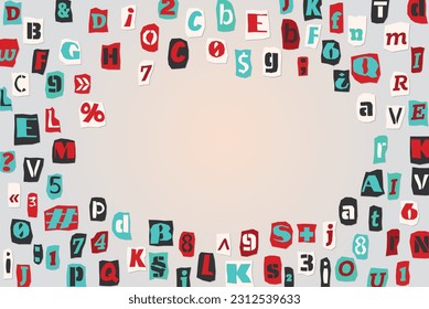 Color ransom collage style letters numbers and punctuation marks cut from newspapers and magazines background. Vintage ABC collection. Red, white, black and azure punk alphabet Vector illustration.