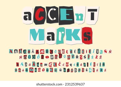 Color ransom collage style letters accent marks cut from newspapers and magazines. Vintage ABC collection. Red, white, black and azure punk alphabet Typography vector illustration.