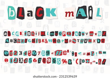 Color ransom collage style letters numbers and punctuation marks cut from newspapers and magazines. Vintage ABC collection. Red, white, black and azure punk alphabet Typography vector illustration.