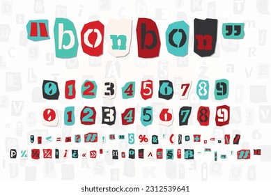 Color ransom collage style letters numbers and punctuation marks cut from newspapers and magazines. Vintage ABC collection. Red, white, black and azure punk alphabet Typography vector illustration.