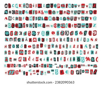 Color ransom collage style letters, numbers cut from newspapers and magazines. Vintage ABC collection. Red, white, black and azure punk typeface Extended Latin alphabet Typography vector illustration.