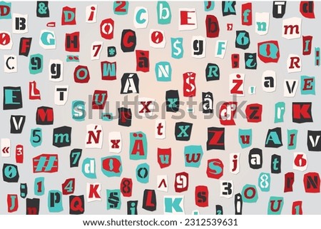 Color ransom collage style letters numbers and punctuation marks cut from newspapers and magazines background. Vintage ABC collection. Red, white, black and azure punk alphabet Vector illustration.