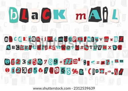 Color ransom collage style letters numbers and punctuation marks cut from newspapers and magazines. Vintage ABC collection. Red, white, black and azure punk alphabet Typography vector illustration.