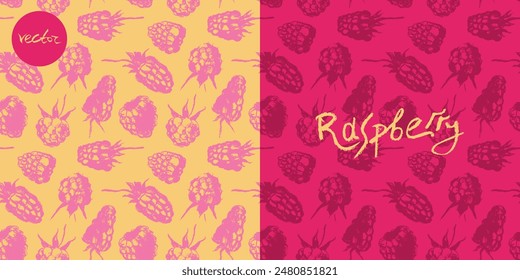 Color raspberry pattern seamless, raspberries illustration, hand-drawn vector red berry for vegan banner, juice or jam label design. Ripe raspberry background for baby food packaging.