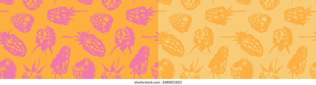 Color raspberry pattern seamless, raspberries illustration, hand-drawn vector red berry for vegan banner, juice or jam label design. Ripe raspberry background for baby food packaging.