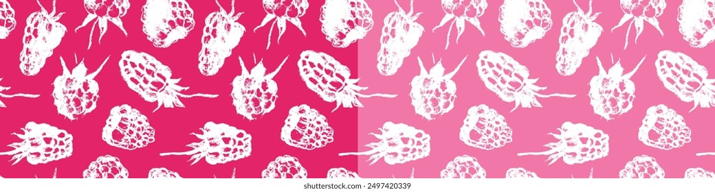 Color raspberry pattern seamless, raspberries illustration, hand-drawn vector red berry for vegan banner, juice or jam label design. Ripe raspberry background for baby food packaging.