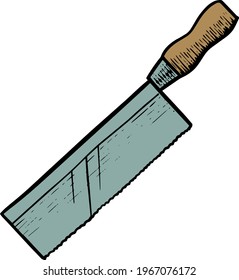Color razor saw in woodcut drawing woodworking tool