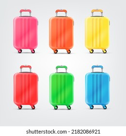 Color realistic luggages. 3d luggage on wheels for travel trip, carry traveler suitcase isolated plastic baggage trolley trolley journey colored case bag, tidy vector illustration of baggage set