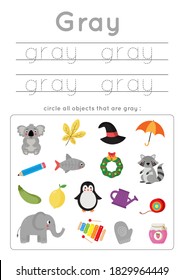 Color recognition worksheet for kids. Gray color. Tracing letters. Circle all orange objects. Educational game for preschoolers.
