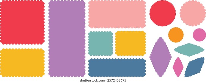 Color rectangle frames with wiggly borders. Rectangle shape frame with zigzag edge. Geometric shapes with scallop and zigzag edges set. Silhouette stickers circle, square, oval and rectangle labels.