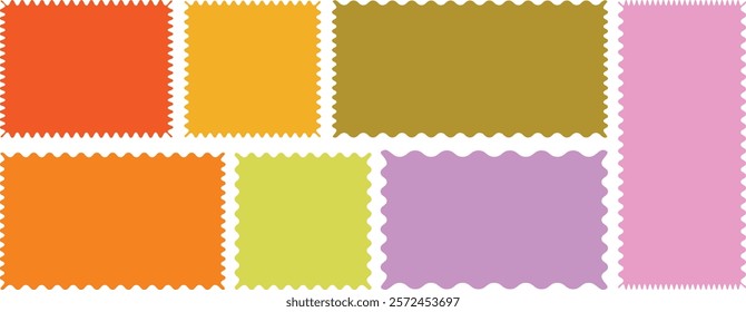 Color rectangle frames with wiggly borders. Rectangle shape frame with zigzag edge. Geometric shapes with scallop and zigzag edges set. Silhouette stickers circle, square, oval and rectangle labels.