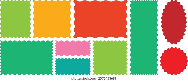 Color rectangle frames with wiggly borders. Geometric shapes with scallop and zigzag edges set. Silhouette stickers circle, square, oval and rectangle labels. Zig zag Wavy Edge Rectangle Shapes Set