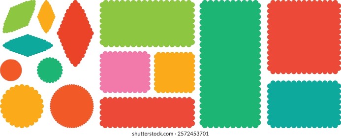 Color rectangle frames with wiggly borders. Geometric shapes with scallop and zigzag edges set. Rectangle shape frame with zigzag edge. Silhouette stickers circle, square, oval and rectangle labels.