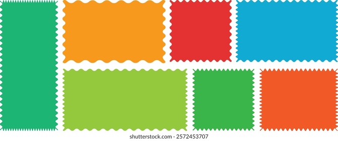 Color rectangle frames with wiggly borders. Geometric shapes with scallop and zigzag edges set. Silhouette stickers circle, square, oval and rectangle labels. Vector Jagged Geometric Rectangular