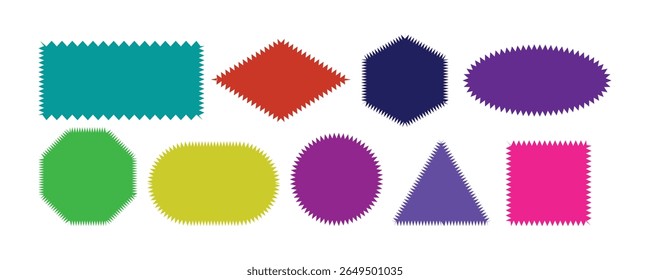 Color rectangle frames with wiggly borders.Geometric shapes with scallop and zigzag edges set. Silhouette stickers circle, square, oval and rectangle labels.