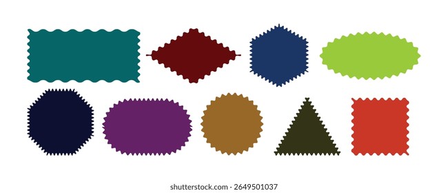 Color rectangle frames with wiggly borders.Geometric shapes with scallop and zigzag edges set. Silhouette stickers circle, square, oval and rectangle labels.