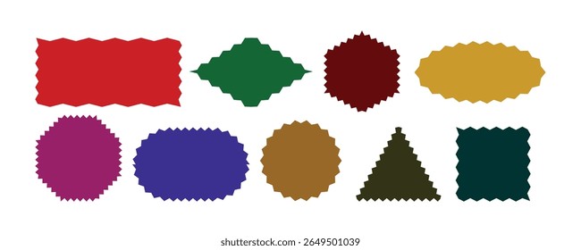Color rectangle frames with wiggly borders.Geometric shapes with scallop and zigzag edges set. Silhouette stickers circle, square, oval and rectangle labels.