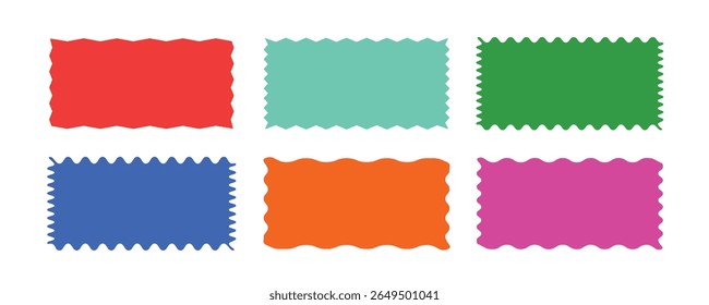 Color rectangle frames with wiggly borders.Geometric shapes with scallop and zigzag edges set. Silhouette stickers circle, square, oval and rectangle labels.