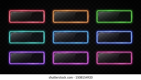 Color rectangle neon banners set on transparent background. Led light signs with glare plastic plate. Electric technology element design for web button flyer poster. 80s 3d bright vector illustration.