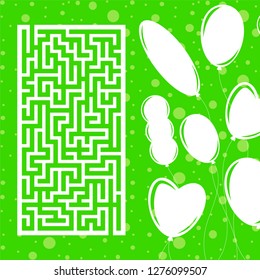Color rectangular maze. Game for kids. Puzzle for children. Labyrinth conundrum. Flat vector illustration isolated on color festive background with balloons