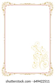 Color rectangular ornate frame and floral element, page decoration. A4 page proportions.