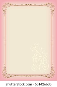 Color rectangular ornate frame and floral element on light background, page decoration. A3 page proportions.
