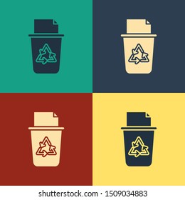 Color Recycle bin with recycle symbol icon isolated on color background. Trash can icon. Garbage bin sign. Recycle basket sign. Vintage style drawing. Vector Illustration