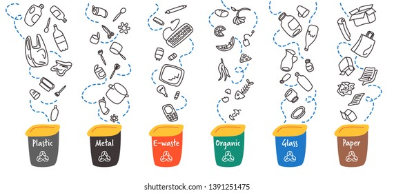 Color Recycle Bins. Concept of separate waste collection. Garbage falls into containers. Baskets, segregation, sorting. Set glass, metal, e-waste, organic, paper, plastic.