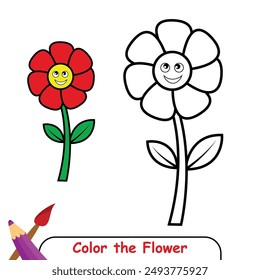 Color the Red Flower drawing illustration. coloring book for kids. red flower coloring page colored illustration