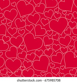Color red hearts. Chaotic seamless pattern. Vector white big and small hearts on red background. Bright pattern with hearts for fabric or design project.