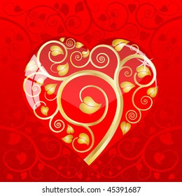color red leaf and branch pattern valentine's greetings card heart shape