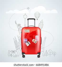 Color red plastic travel bag with different travel elements vector illustration. Travel concept