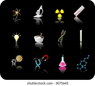 color reflective science icon set with black background