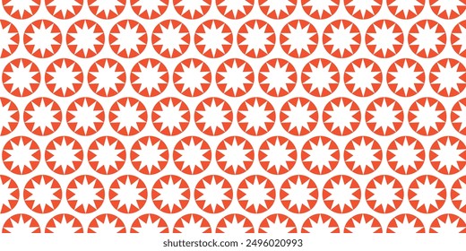 Círculos rojos repetitivos de color con estallido estelar sin patrón. El diseño geométrico forma una rejilla simétrica. Perfecto para proyectos de Fondo de pantalla, textiles o Diseño gráfico. Vector