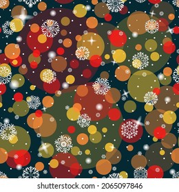 color repetitive background with bokeh circles and snowflakes. vector seamless pattern. winter holidays illustration. christmas design template for greeting card, banner, flyer, cover, invitation