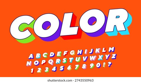 Color Retro 3D Font - White Alphabet with Multicolor Extruded Shadow on Orange