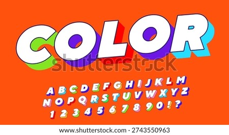 Color Retro 3D Font - White Alphabet with Multicolor Extruded Shadow on Orange