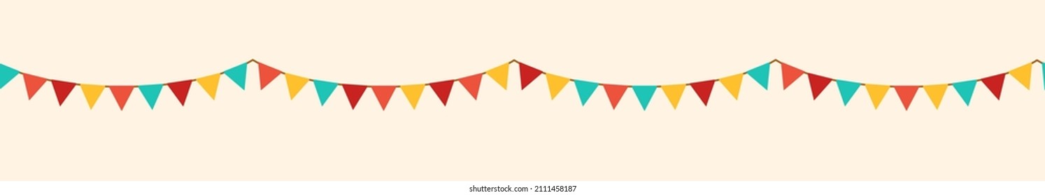 Color Retro Buntings Garlands Isolated On White Background. Vector Illustration. Seamless Happy Birthday Banner, Fiesta Border, Carnival Holiday Header