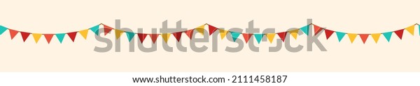 Color retro buntings garlands\
isolated on white background. Vector illustration. Seamless happy\
birthday banner, fiesta border, carnival holiday\
header