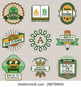 Color retro design insignias back to school logotypes set. Vector vintage elements. Cardboard texture.