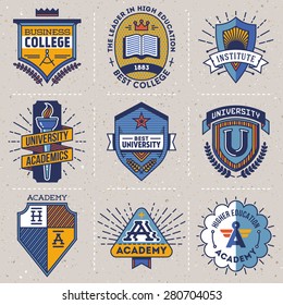 Color retro design insignias high education logotypes set 1. Vector vintage elements. Cardboard texture.