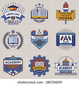 Color retro design insignias high education logotypes set 2. Vector vintage elements. Cardboard texture.