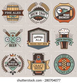 Color retro design insignias line art logotypes home brewery set 1. Vector high quality vintage elements. Cardboard texture.